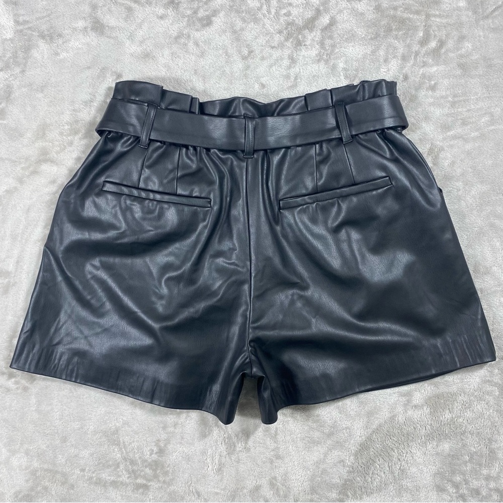 ZARA Women's Black Faux Leather Short Pants sz LARGE Belted High Rise Pleated - Picture 4 of 16